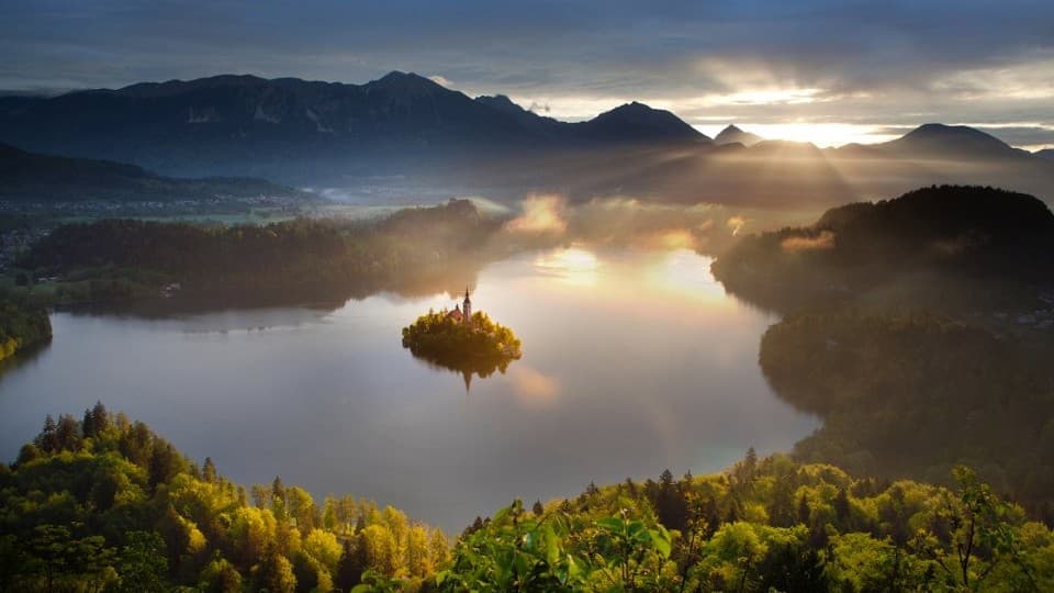 Lake Bled - glacial lake with island church and clifftop castle
